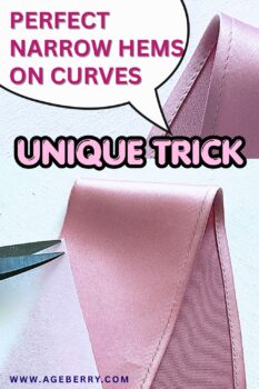 Narrow hem on curved edge sewn on satin fabric using stabilizer, close-up of smooth even hem finish