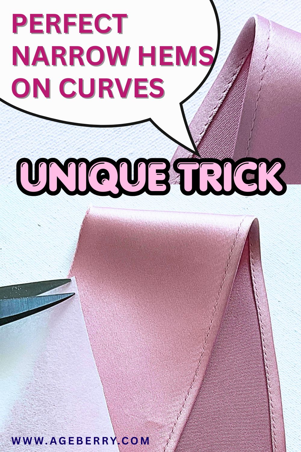 Narrow hem on curved edge sewn on satin fabric using stabilizer, close-up of smooth even hem finish