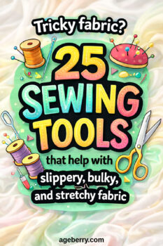 Pinterest graphic with soft cream, mint, blush pink, and pale yellow fabric swirls in the background. In the center, a mint badge with colorful lettering reads: “Tricky fabric? 25 sewing tools that help with slippery, bulky, and stretchy fabric.” Sewing illustrations include thread spools, pins, a pincushion, and scissors.
