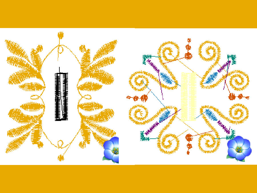 Diagram showing two decorative embroidered buttonhole designs with floral shapes and colorful stitch directions on a white background.