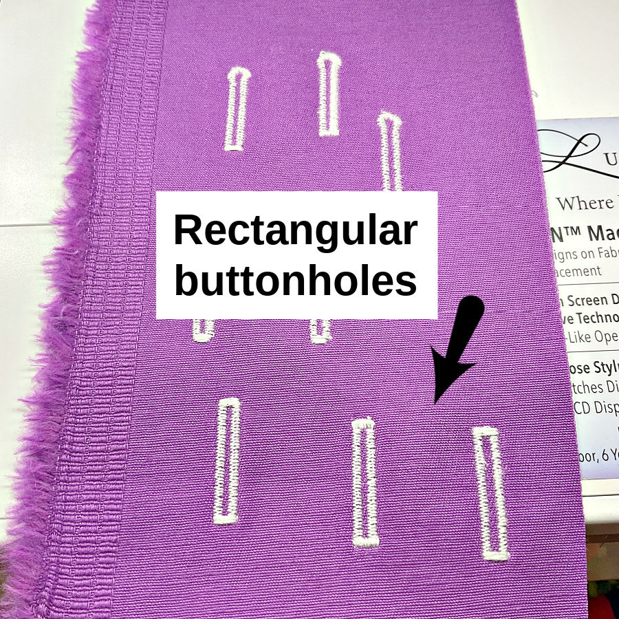 Purple fabric sample labeled “Rectangular buttonholes,” with an arrow pointing to a squared example.