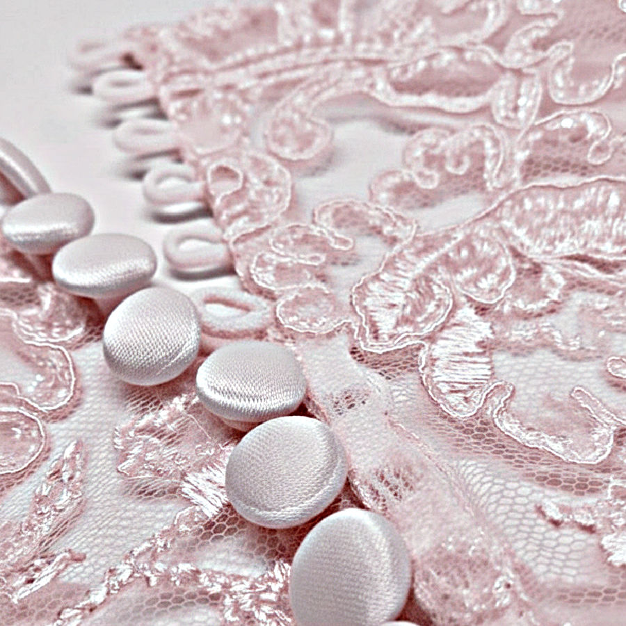Close-up of pale pink lace fabric with fabric-covered buttons and delicate loop closures arranged along the opening.