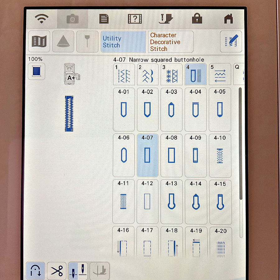 Sewing machine touchscreen showing buttonhole choices, with the narrow squared buttonhole highlighted.