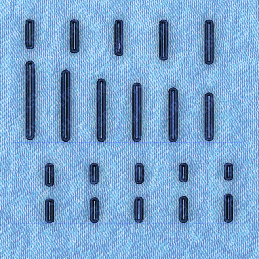 Sample chart of many machine buttonhole styles stitched in dark thread on light blue fabric.