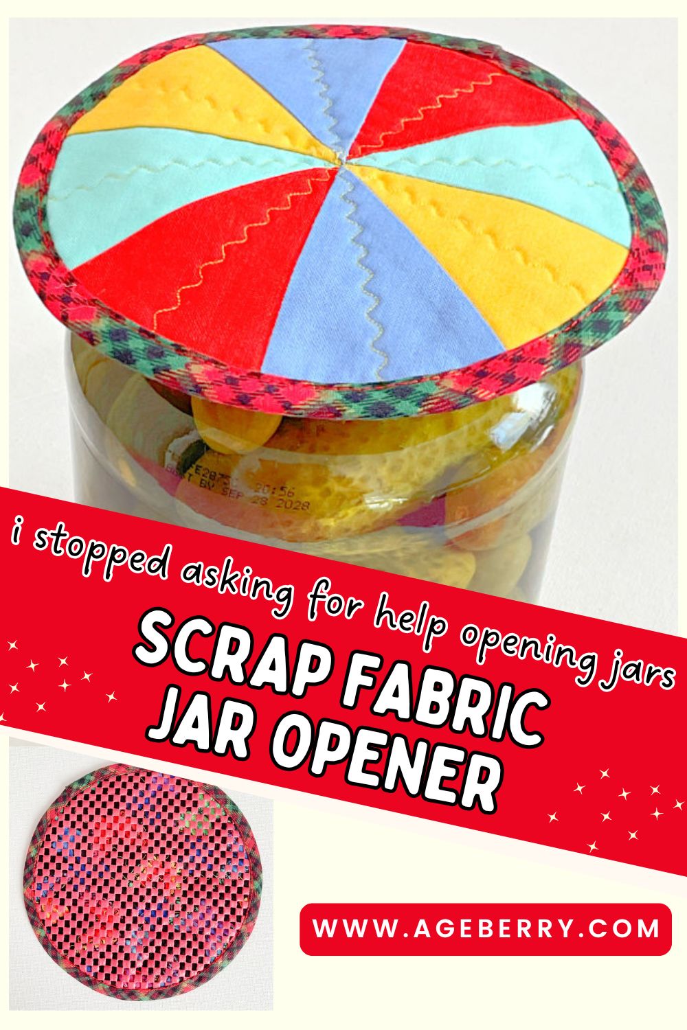 Scrap fabric jar opener with quilted pinwheel top placed on a jar, non-slip backing visible, simple sewing project using fabric scraps and basic quilting