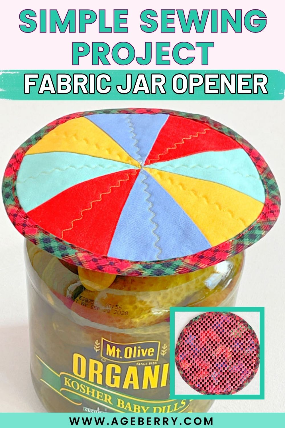 Fabric jar opener on a pickle jar, made from colorful scrap fabric in a pinwheel design, quilted and finished with binding, non-slip backing shown in inset