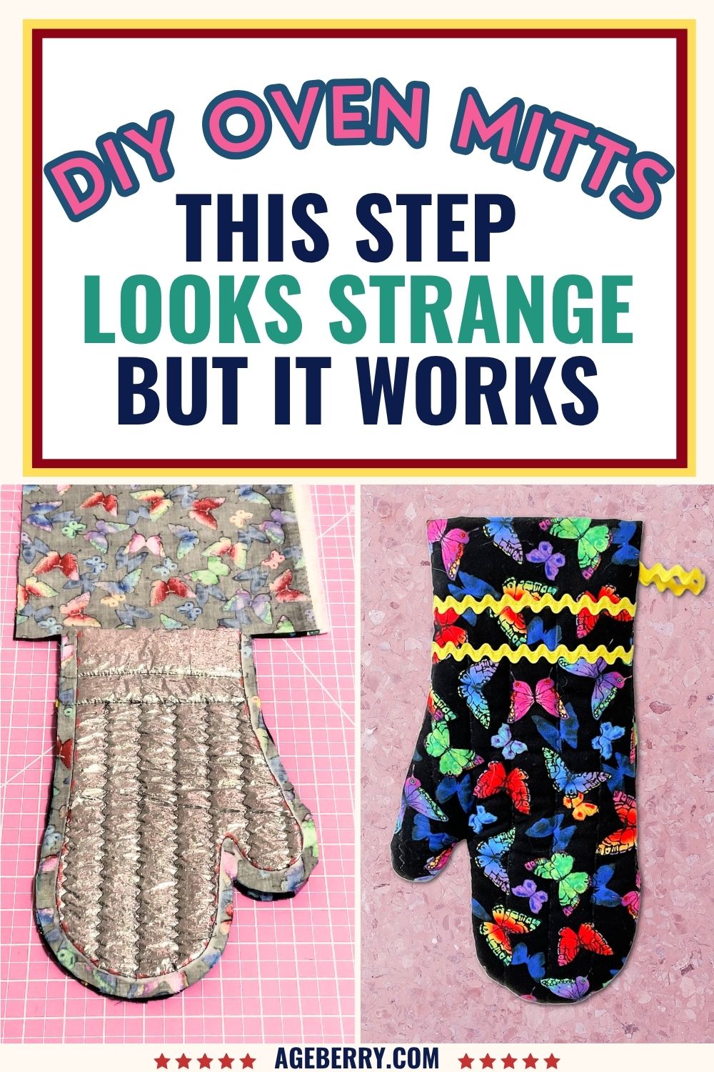 Pinterest graphic showing DIY oven mitts tutorial with text “this step looks strange but it works,” including step-by-step images of layered thermal batting and finished quilted oven mitt with butterfly fabric and yellow trim.