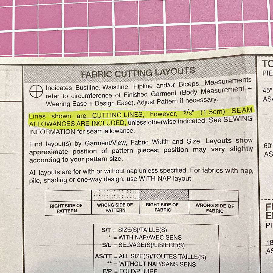 pattern instruction sheet with the indication that seam allowances are already included and the lines on the pattern are actual cutting lines