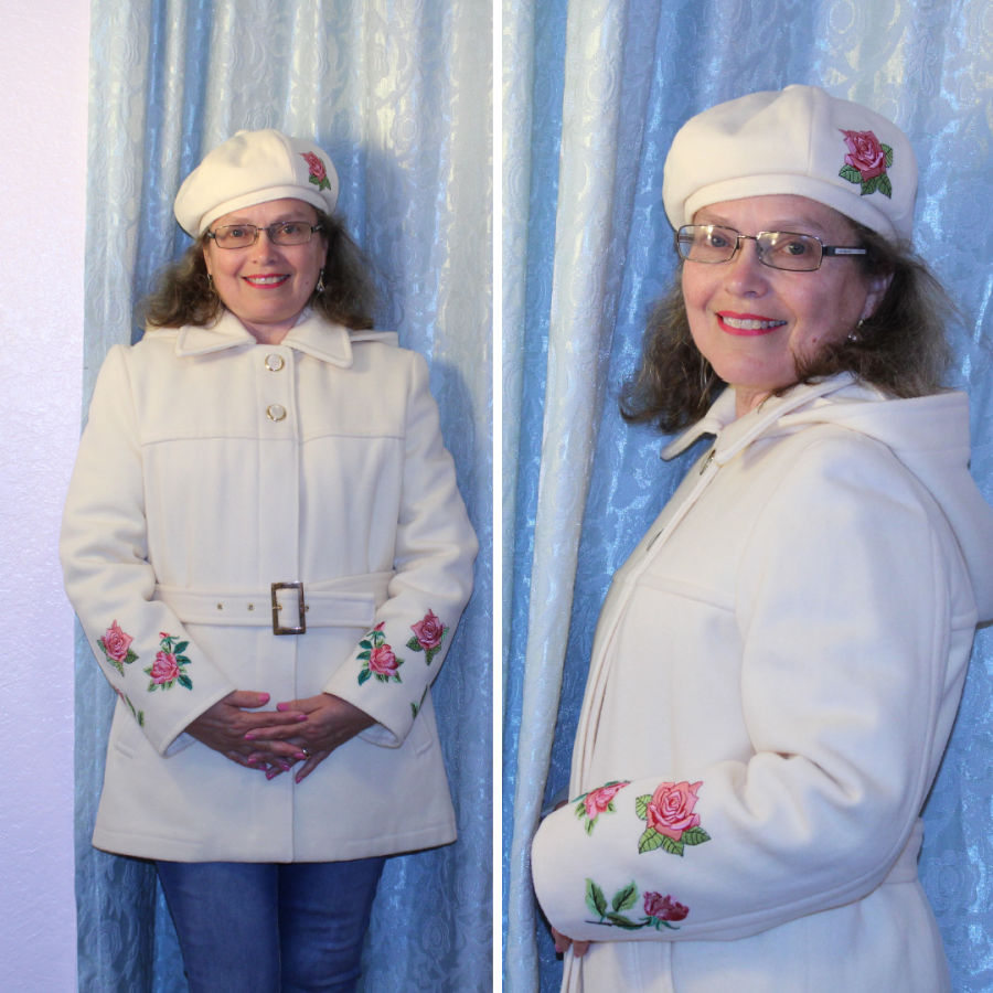 a woman dressed in a coat and beret made from the same material with the same kind of embellishments