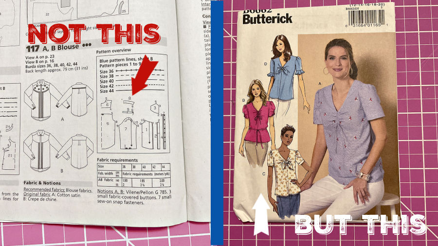 a side by side comparison betweer two commercial patterns one that is simple and easy to make and another which has additional elements which do not add functionality or beauty but complicate the building process