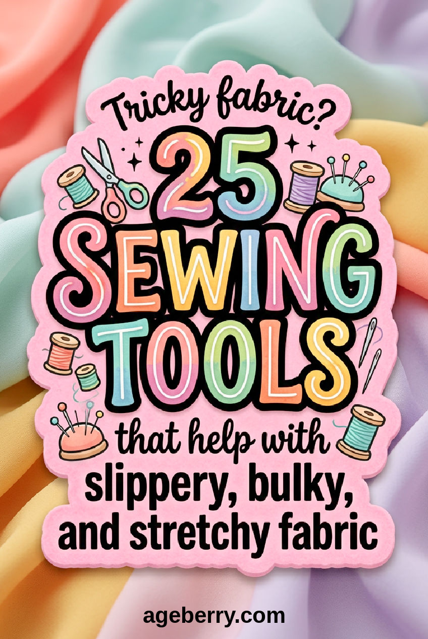 Pinterest graphic with draped pastel fabric in coral, mint, yellow, and lavender. A pink scalloped badge in the center reads: “Tricky fabric? 25 sewing tools that help with slippery, bulky, and stretchy fabric.” Small sewing icons around the text include scissors, thread spools, pins, and pincushions.