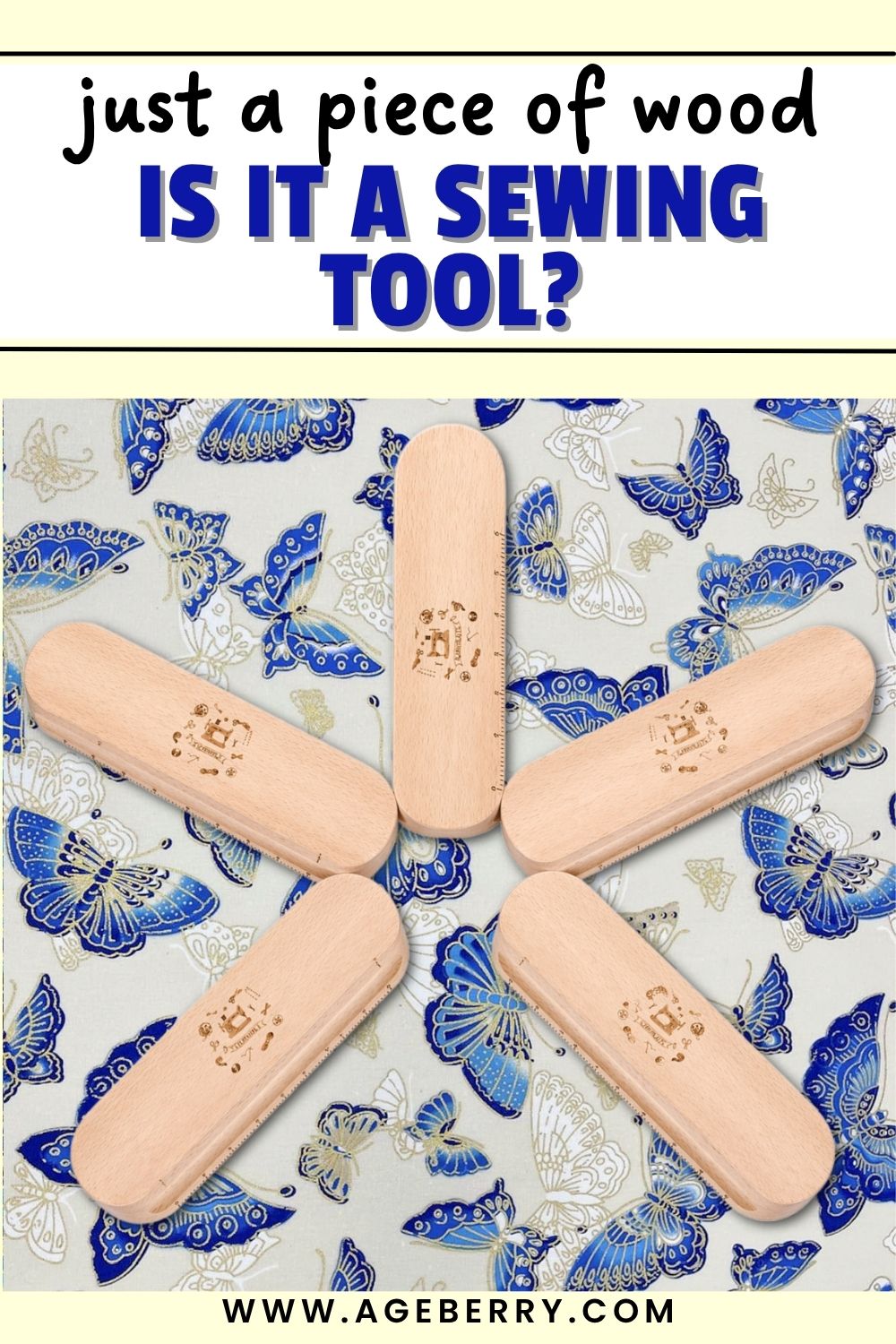 Five wooden tailor’s clappers arranged in a circle on blue butterfly fabric with text overlay “just a piece of wood is it a sewing tool?”