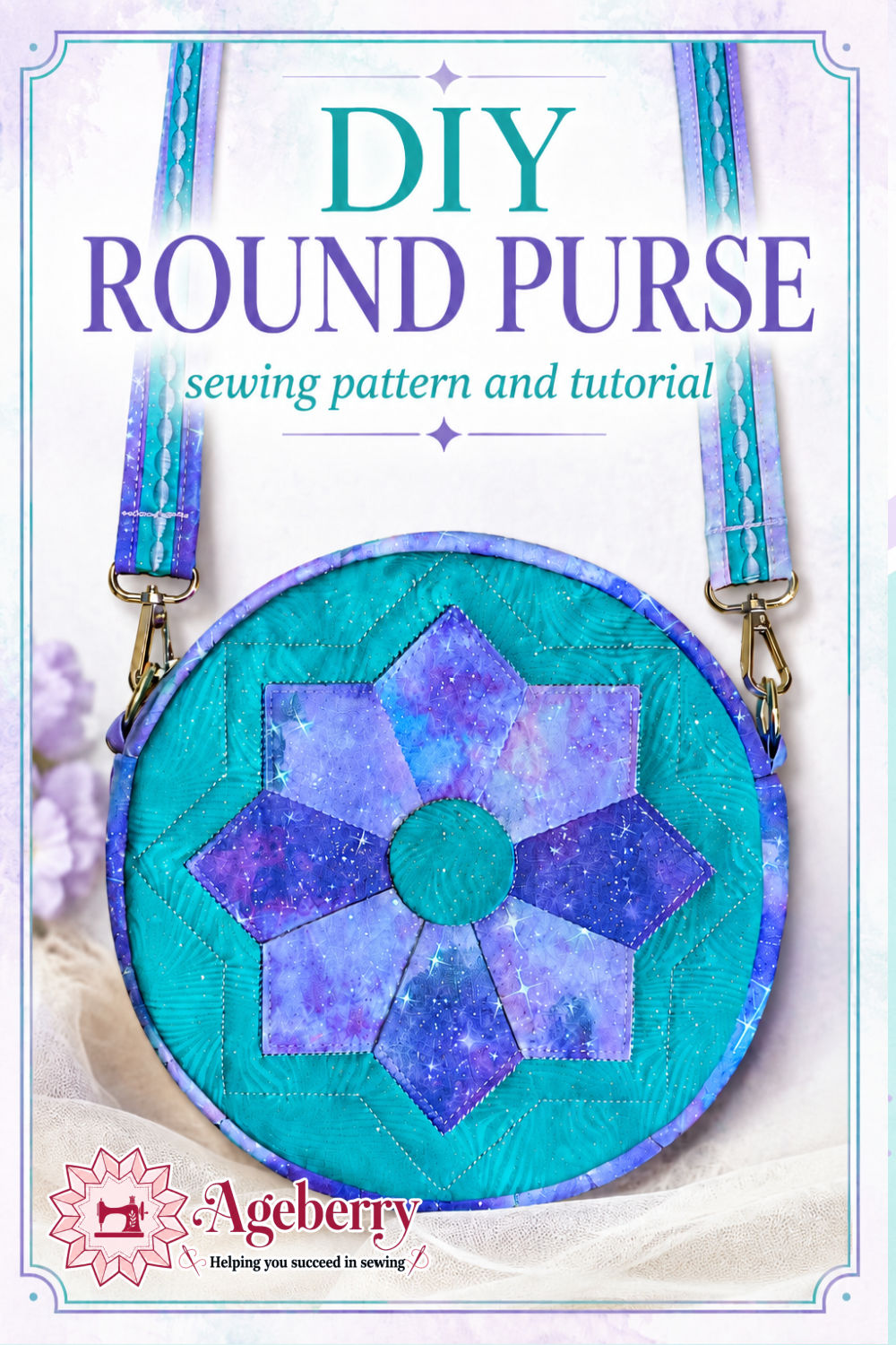 Teal round quilted purse with a purple and lavender Dresden plate design on the front and a matching handmade shoulder strap.