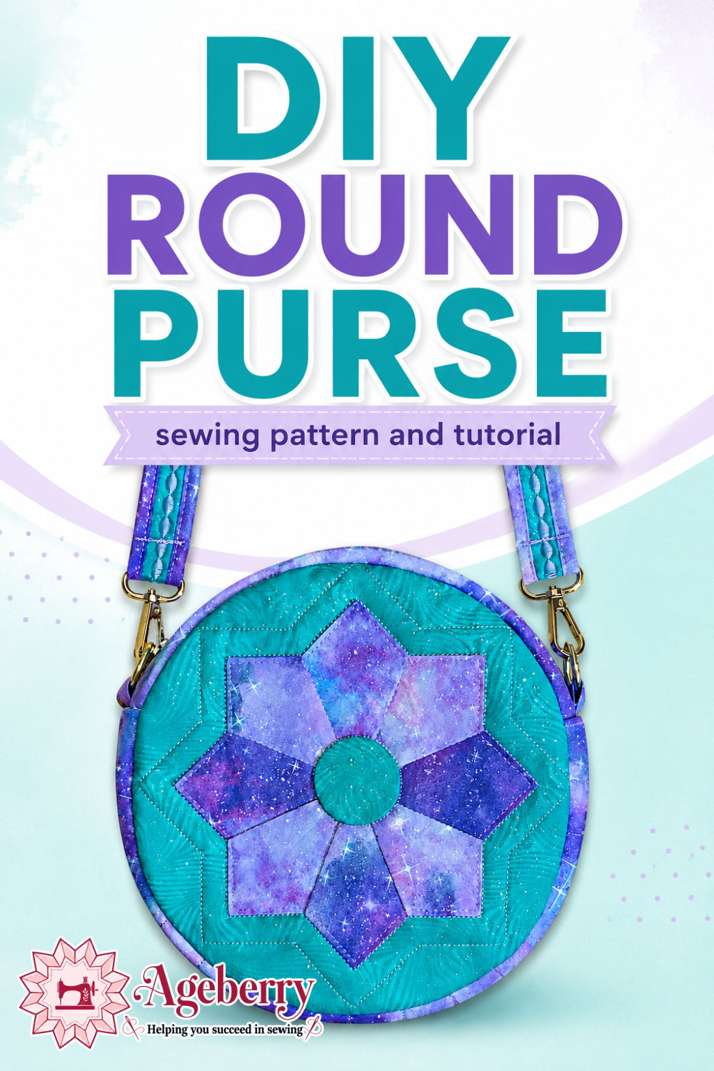 Handmade teal round purse with purple Dresden plate applique, quilted stitching, gold hardware, and matching shoulder strap.