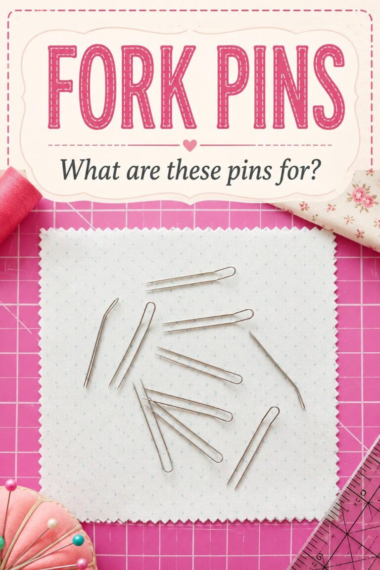 Fork pins displayed on a small white fabric square over a pink cutting mat with text that reads “Fork Pins: What are these pins for?”