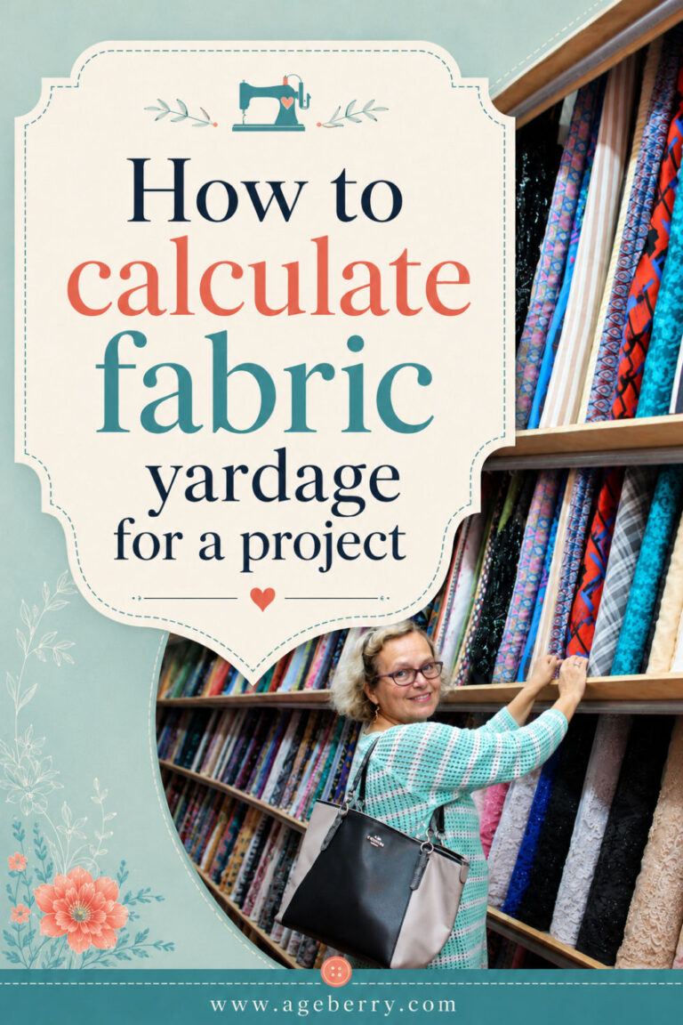 Pinterest pin showing a woman browsing fabric bolts in a fabric store with the text “How to calculate fabric yardage for a project” and www.ageberry.com at the bottom.