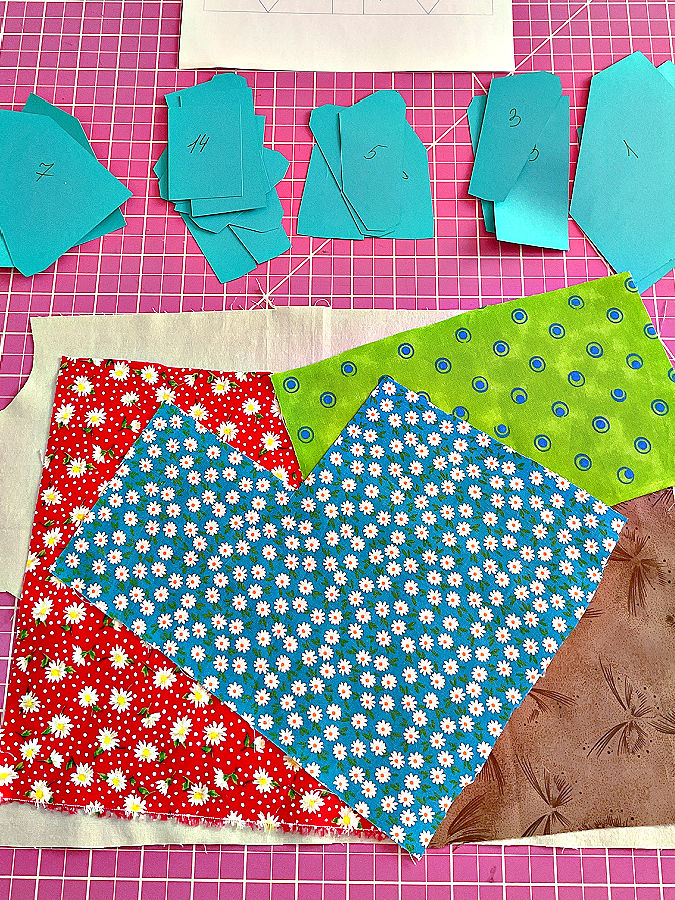 pattern pieces cut from paper and pieces of fabric prepared for making the butterfly