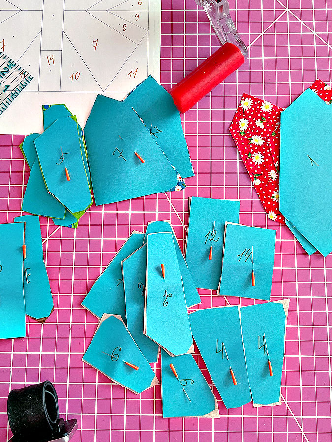 fabric pieces for the butterfly after cutting the fabric is still attached to the template used for cutting