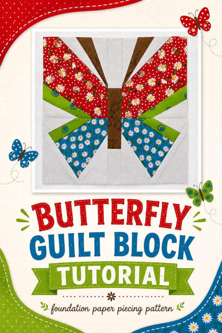 Vertical graphic with a framed butterfly quilt block at the top, small illustrated butterflies around it, red, blue, and green decorative shapes, and the text “butterfly guilt block tutorial” and “foundation paper piecing pattern.”