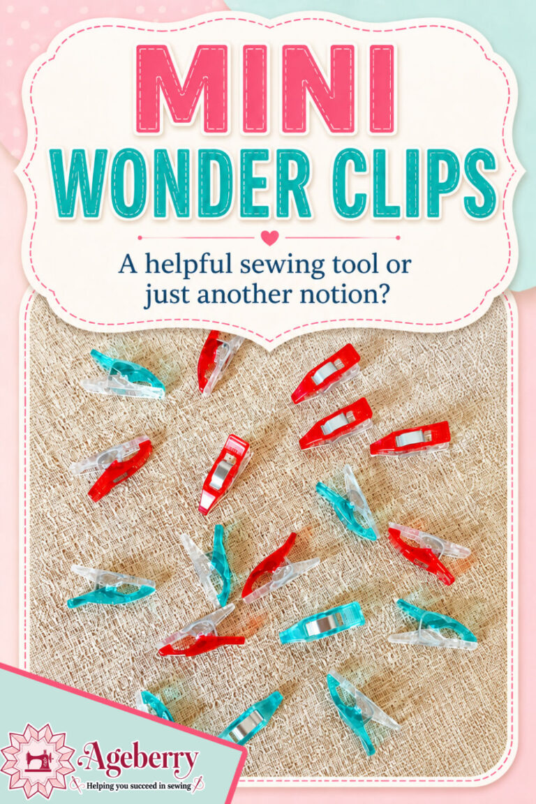 Red and teal Clover Mini Wonder Clips scattered on textured fabric with text reading Mini Wonder Clips, a helpful sewing tool or just another notion?