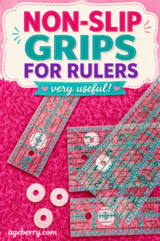Transparent quilting rulers with round non-slip grip dots on bright pink fabric and text reading Non-Slip Grips for Rulers, very useful.