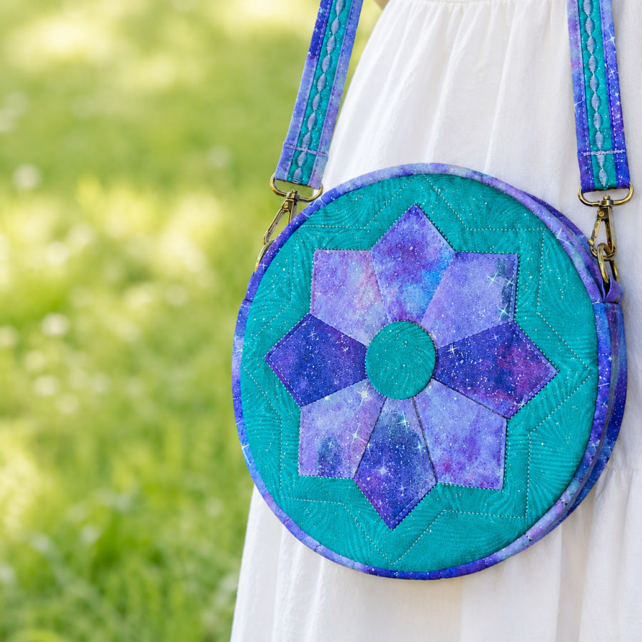 the finished purse hanging of the shoulder of someone the person is not in the image