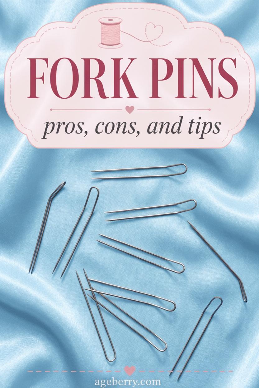 Fork pins arranged on shiny blue satin fabric with text that reads “Fork Pins: pros, cons, and tips” and the Ageberry website at the bottom