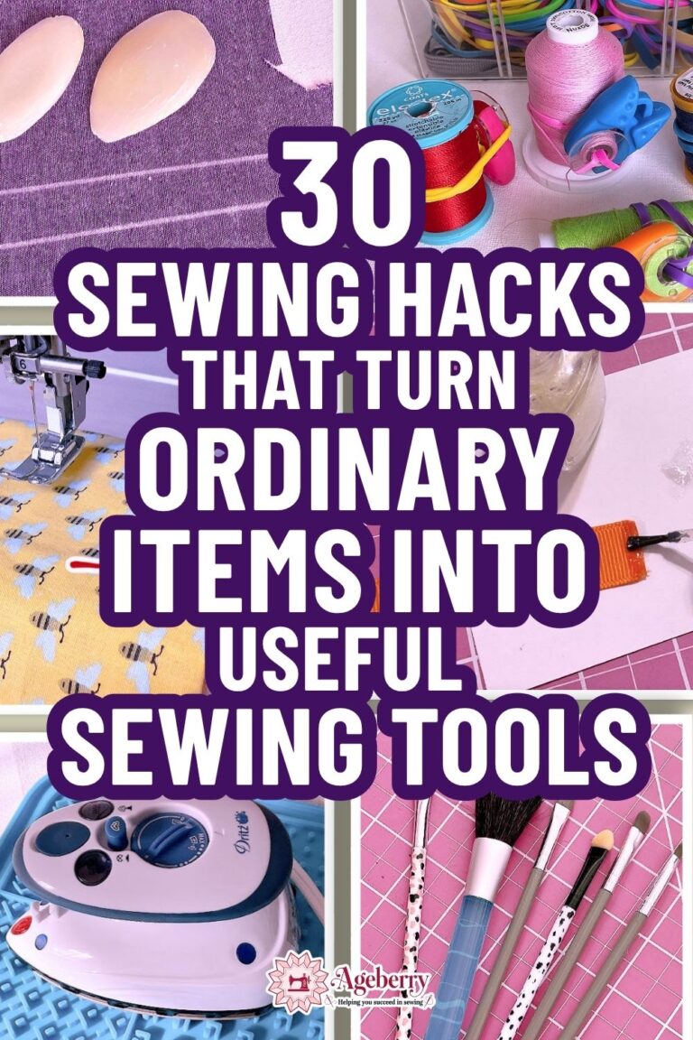 Collage of practical sewing hacks featuring household items repurposed for sewing. The image includes soap slivers used for marking fabric, thread spools organized with hair ties, a sewing machine presser foot, a glass jar, a mini iron, and makeup brushes used for sewing tasks. Large text reads: “30 Sewing Hacks That Turn Ordinary Items Into Useful Sewing Tools.”