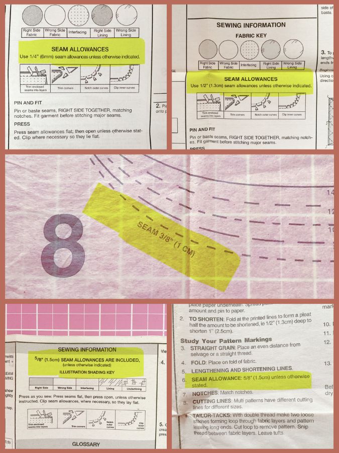 commercial patterns showing various seam allowances from 1/4 inch to 5/8 inch