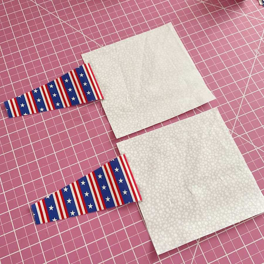 two of the blue/white constructions shown from the right side of the fabric after sewing and pressing the seam allowances