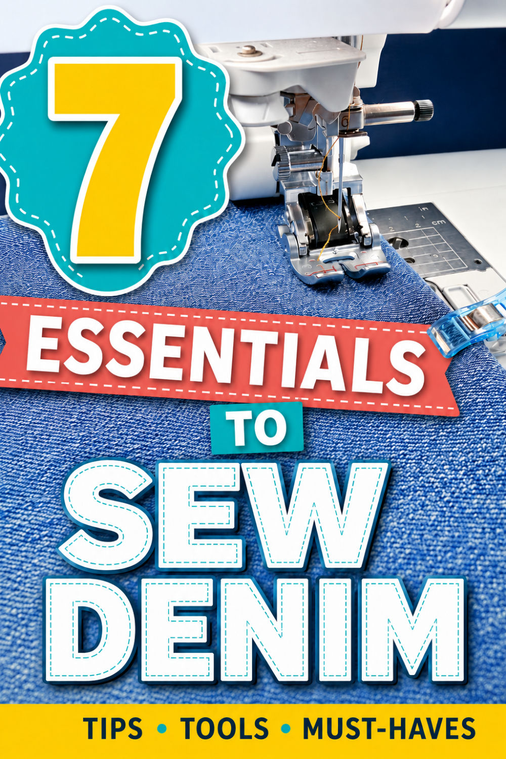 Sewing machine stitching blue denim fabric with large text that reads “7 essentials to sew denim, tips, tools, must-haves.”