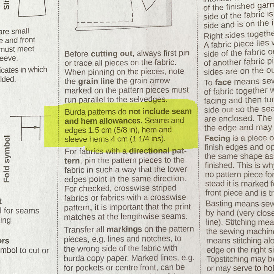 burda pattern instructions the part that mentions that no seam allowances are included is highlighted