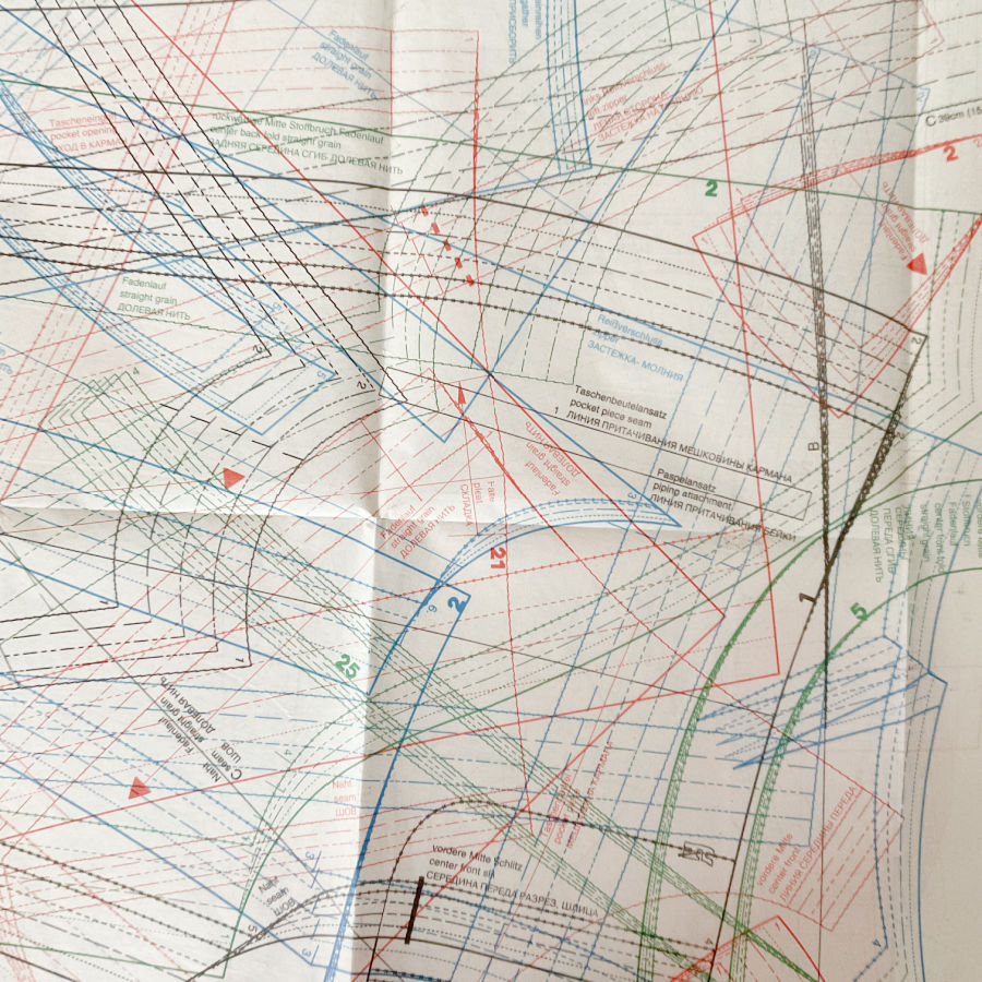 image of a part of a burda pattern showing a multitude of lines even if there is no seam allowance on the pattern