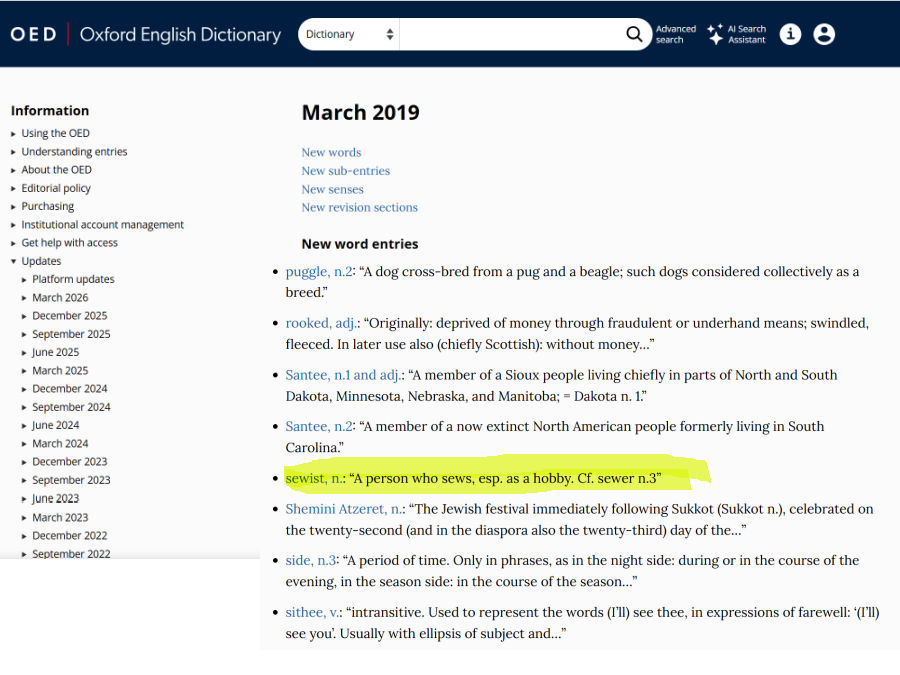 the screenshot from the oxford dictionary online showing the date the work sewist was added to the dictionary March 2019