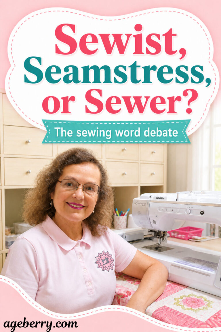 a woman sitting in front of a sewing machine a storage cabinet in the background the text "sewist seamstress or sewer the sewing word debate" superimposed on the image the ageberry.com logo in the left lower corner