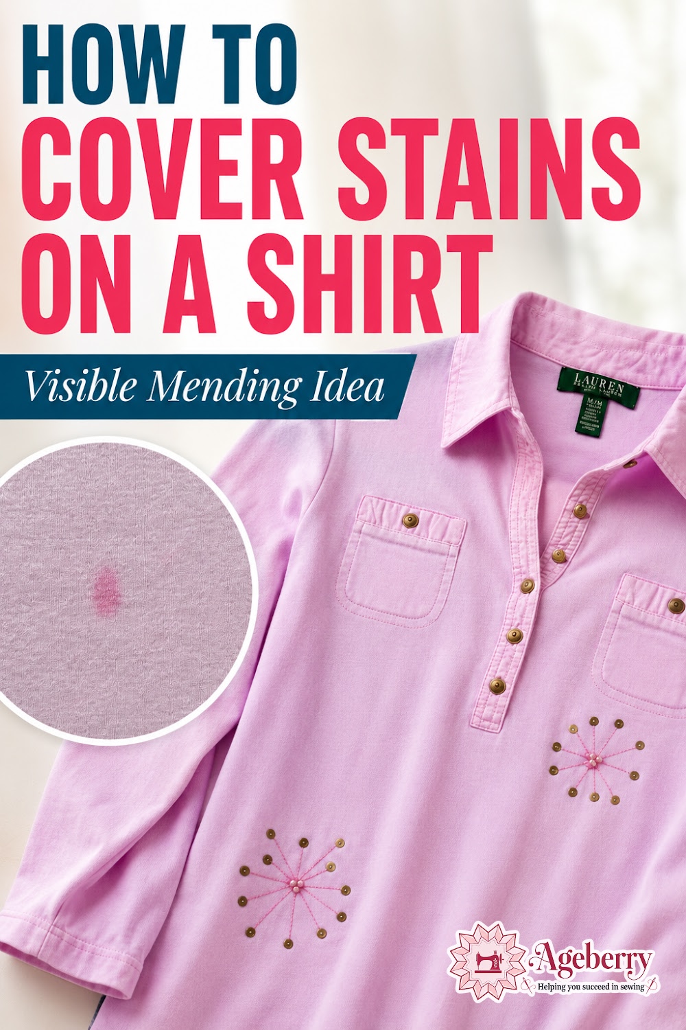 Pink shirt with two stains covered by decorative pink stitching, gold sequins, and beads, with a close-up of the original stain.