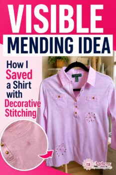Pink collared shirt repaired with two starburst designs made from pink stitching, gold sequins, and beads, alongside a close-up of the stain.