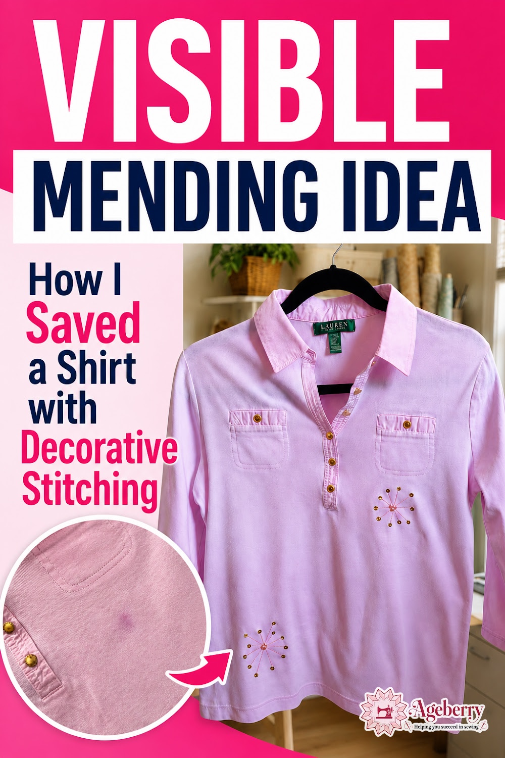 Pink collared shirt repaired with two starburst designs made from pink stitching, gold sequins, and beads, alongside a close-up of the stain.