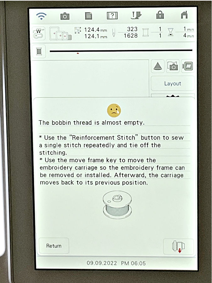 a screenshot from a sewing machine bobbin thread monitor sensor detecting low thread