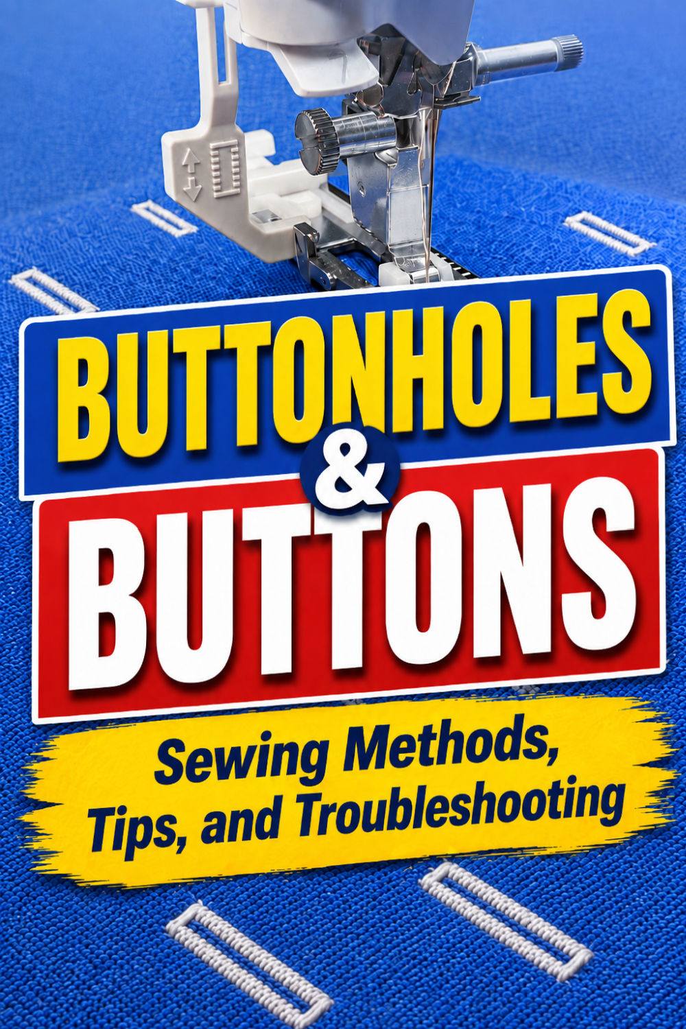 Buttonhole presser foot over blue fabric with white stitched buttonholes and bold text reading “Buttonholes & Buttons: Sewing Methods, Tips, and Troubleshooting.”