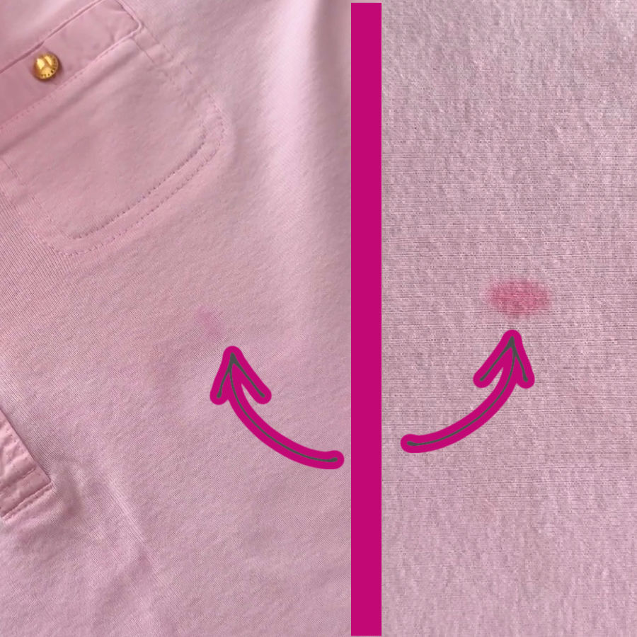two arrows point to areas on a tshirt that have stains