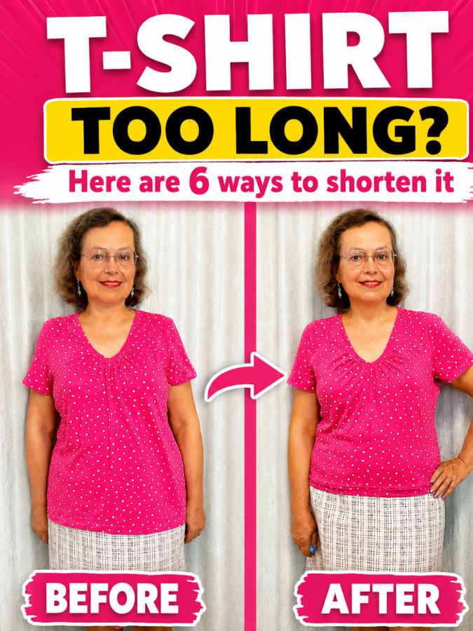 the image is split vertically on the left side a woman wearing a longer tshirt on the right side the same woman wearing the same tshirt after shortening the text tshirt too long here are 6 ways to shorten it at the top