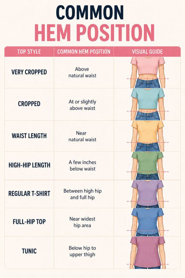 a chart of 7 hem positions for tshirt from a very short one above waist to the long one below hip level