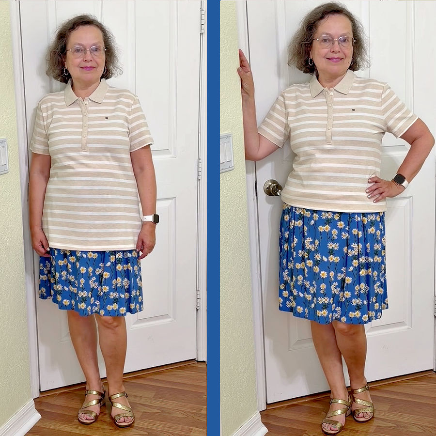 a vertically split image of a woman wearing a skirt and a tshirt longer on the left side and shorter on the right side