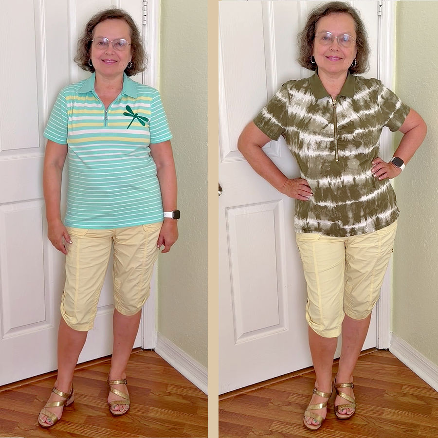 a vertically split image of a woman wearing capri pants and a different tshirt on each side of the image the tshirts give a different look even if they are the same length