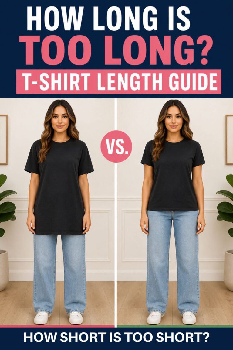 Side-by-side comparison of the same woman wearing light blue jeans and black T-shirts at two lengths. The left shirt extends below the hips, while the right shirt ends near the hips. Text reads, “How long is too long? T-shirt length guide” and “How short is too short?”