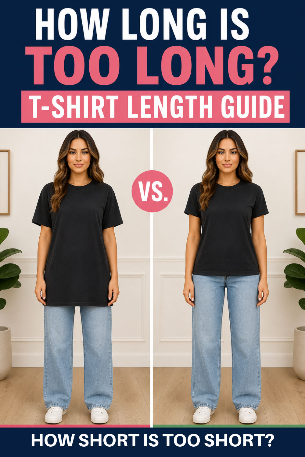 Side-by-side comparison of the same woman wearing light blue jeans and black T-shirts at two lengths. The left shirt extends below the hips, while the right shirt ends near the hips. Text reads, “How long is too long? T-shirt length guide” and “How short is too short?”