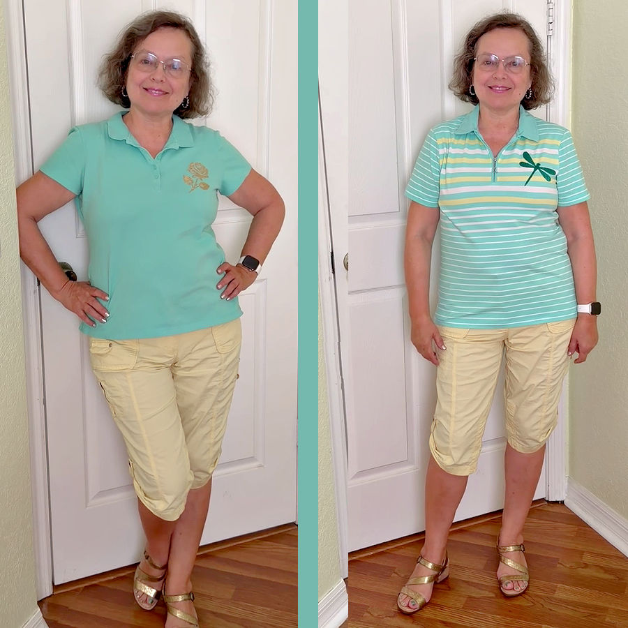 a vertically split image of a woman wearing capri pants and a longer tshirt on the right side and a different shorter one on the left side