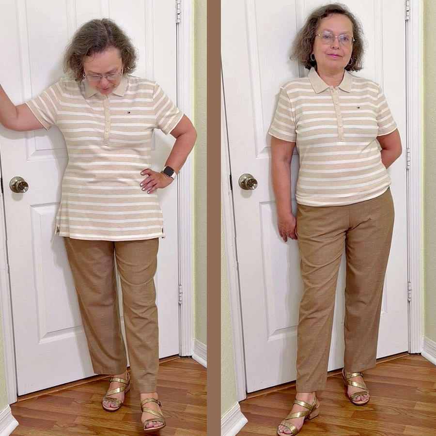 a vertically split image of a woman wearing long pants and a tshirt longer on the left side and shorter on the right side