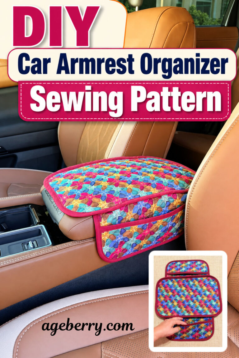 Quilted fabric car armrest organizer with side pockets on a tan center console, with text “DIY Car Armrest Organizer Sewing Pattern” and a small inset showing the finished organizer laid flat.